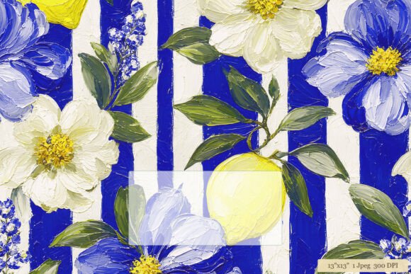 Download Blue Stripe Lemon Floral Oil Pattern Art - Art Collection