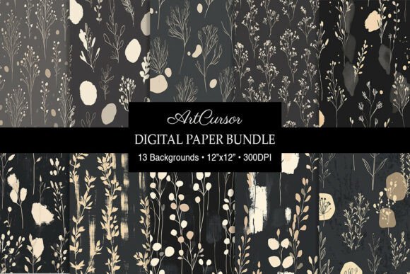 Download Charcoal Beige Botanical Digital Papers - Beige Collection