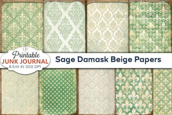 Download Sage Damask Beige Papers Junk Journal - Beige Collection