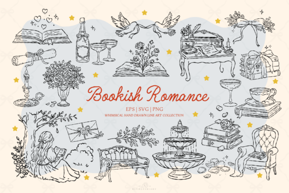 Download Bookish Romance Vintage Line Art - Art Collection