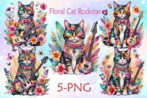 Download Floral Cat Rockstar Watercolor Clipart - Art Collection